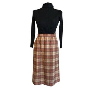 VTG Pendleton Skirt Women's 26in Waist 100% Virgin Wool Lined Tan Brown Plaid